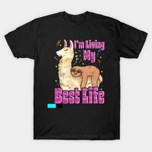 Cute Sloth & Llama Living My Best Life Napping Pun T-Shirt